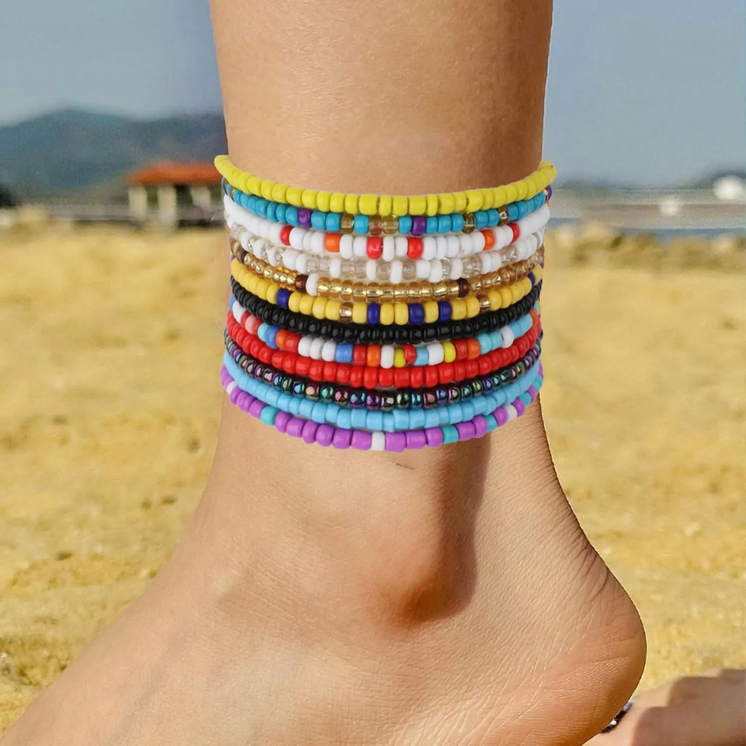 12/20Pcs Boho Elastic Stackable Beaded Ankle Bracelets for Women Summer Bohemian Colorful Style Multilayer Handmade Beaded Foot Anklets Chain Beach Jewelry Set