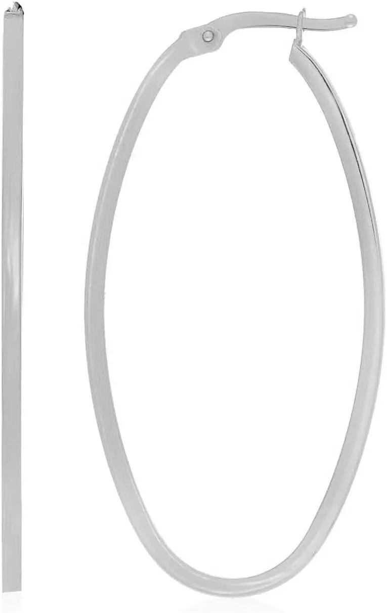 14k White Gold Slim Oval Shape Hoop Earrings