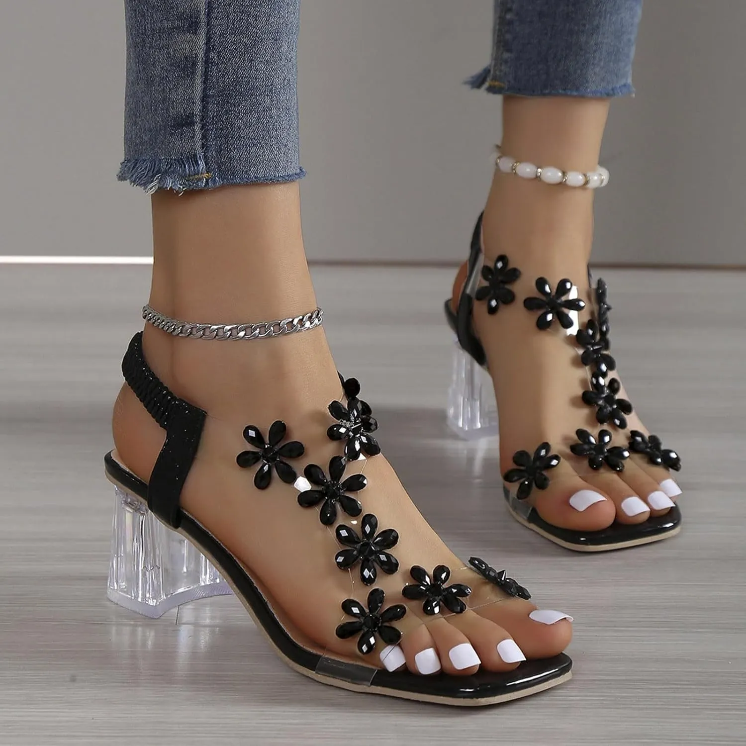 2025 Women's Clear Heeled Sandals Platform Sandal Slip On Flowers T Strap Slippers Chunky High Dressy Block Heels Shoes Dress Elastic Slides for Casual WeddingSummer Wedge Shoe