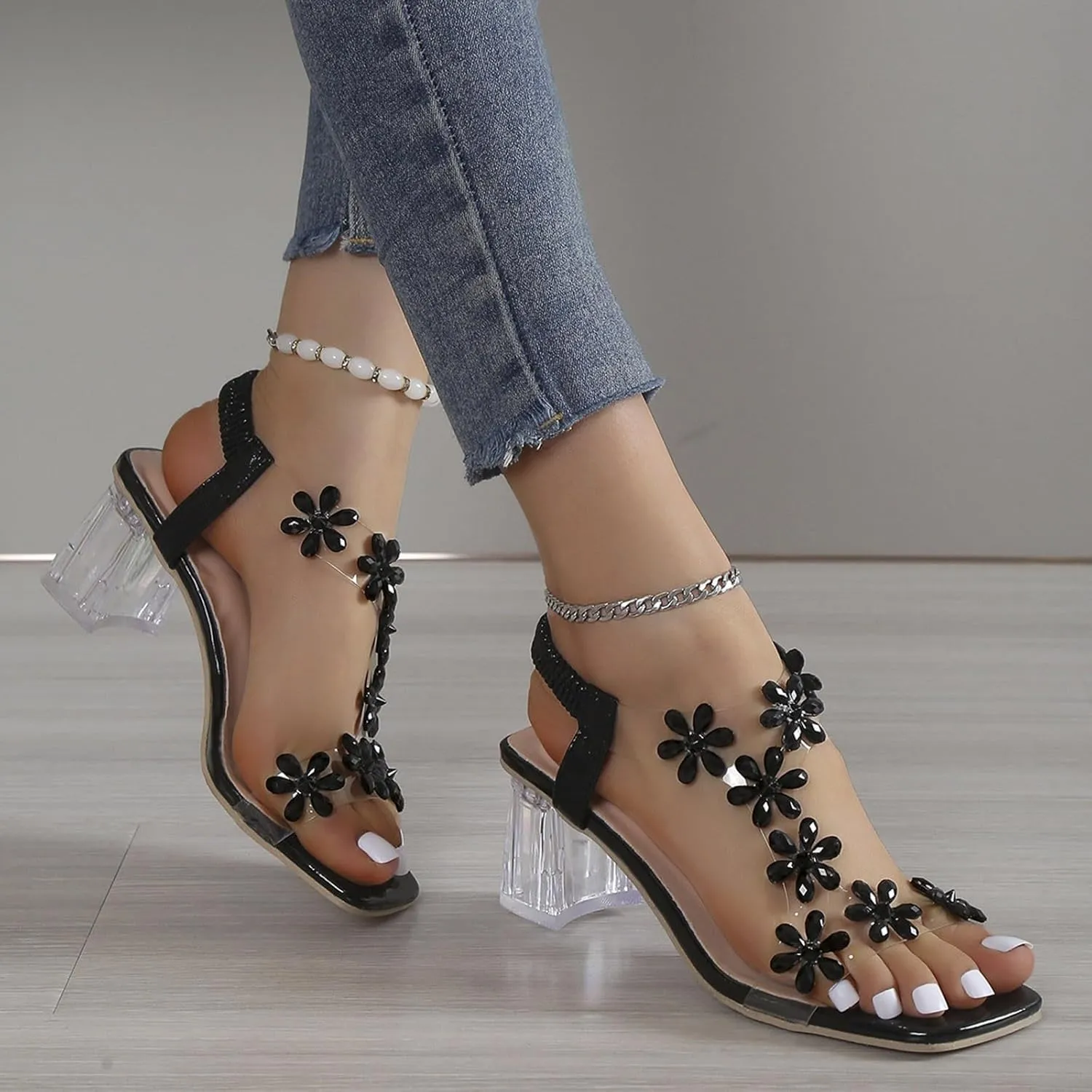 2025 Women's Clear Heeled Sandals Platform Sandal Slip On Flowers T Strap Slippers Chunky High Dressy Block Heels Shoes Dress Elastic Slides for Casual WeddingSummer Wedge Shoe