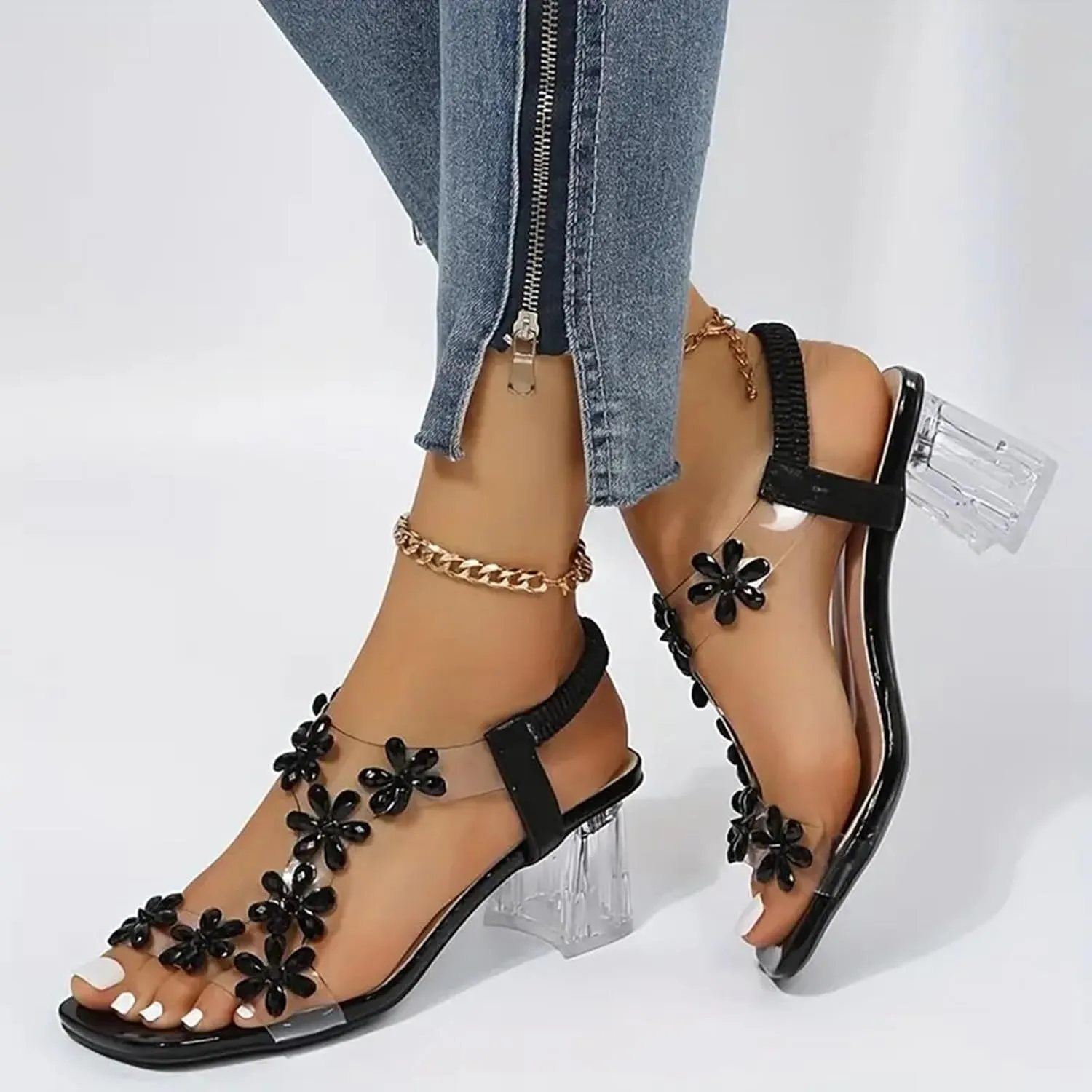 2025 Women's Clear Heeled Sandals Platform Sandal Slip On Flowers T Strap Slippers Chunky High Dressy Block Heels Shoes Dress Elastic Slides for Casual WeddingSummer Wedge Shoe