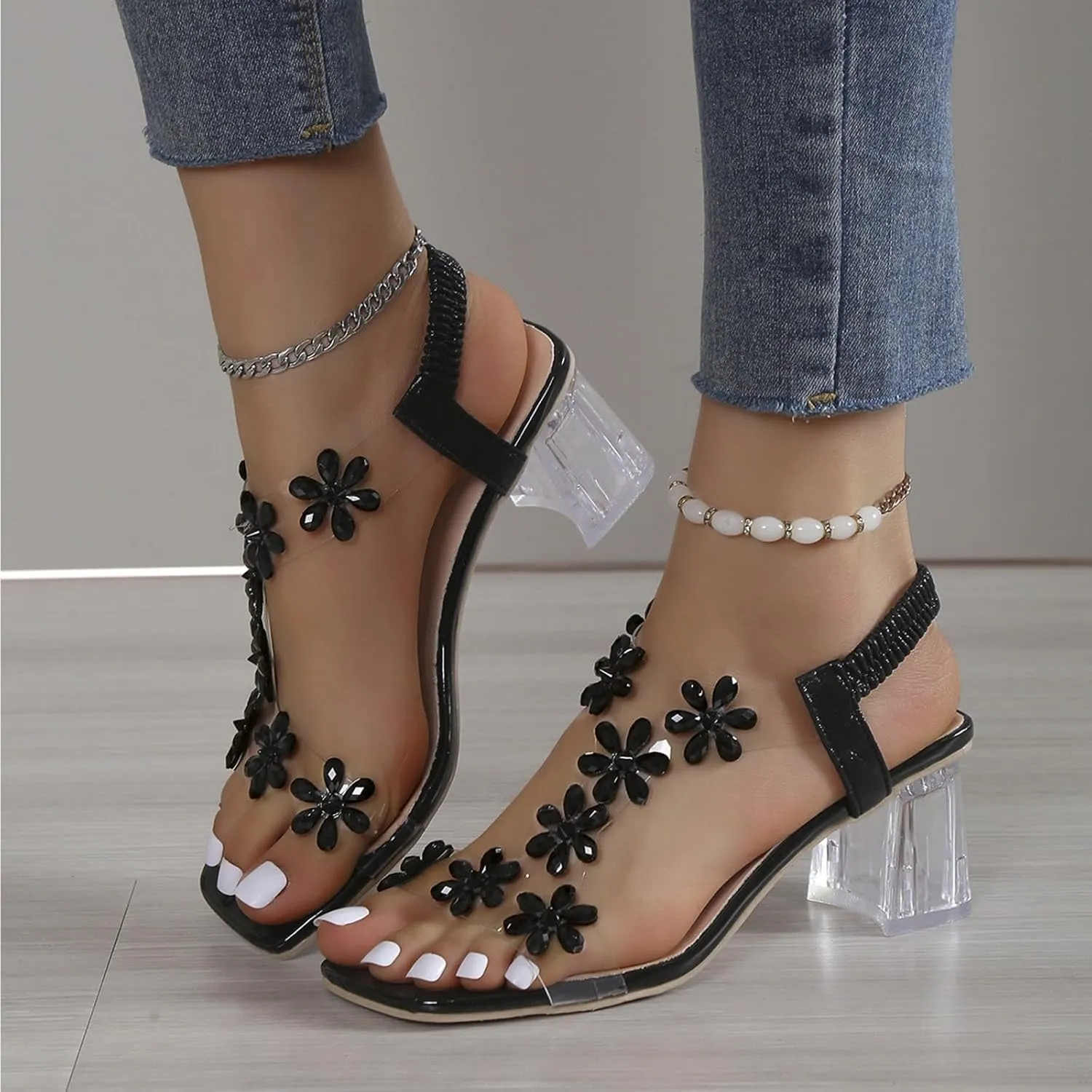 2025 Women's Clear Heeled Sandals Platform Sandal Slip On Flowers T Strap Slippers Chunky High Dressy Block Heels Shoes Dress Elastic Slides for Casual WeddingSummer Wedge Shoe