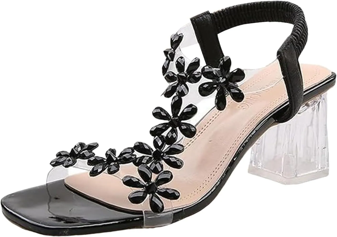 2025 Women's Clear Heeled Sandals Platform Sandal Slip On Flowers T Strap Slippers Chunky High Dressy Block Heels Shoes Dress Elastic Slides for Casual WeddingSummer Wedge Shoe