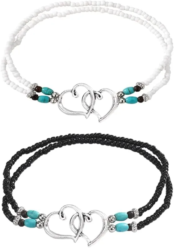 2PCS Beaded Anklets for Women with Silver Double Heart Stretch Elastic Ankle Bracelets for Women Summer Boho Jewelry