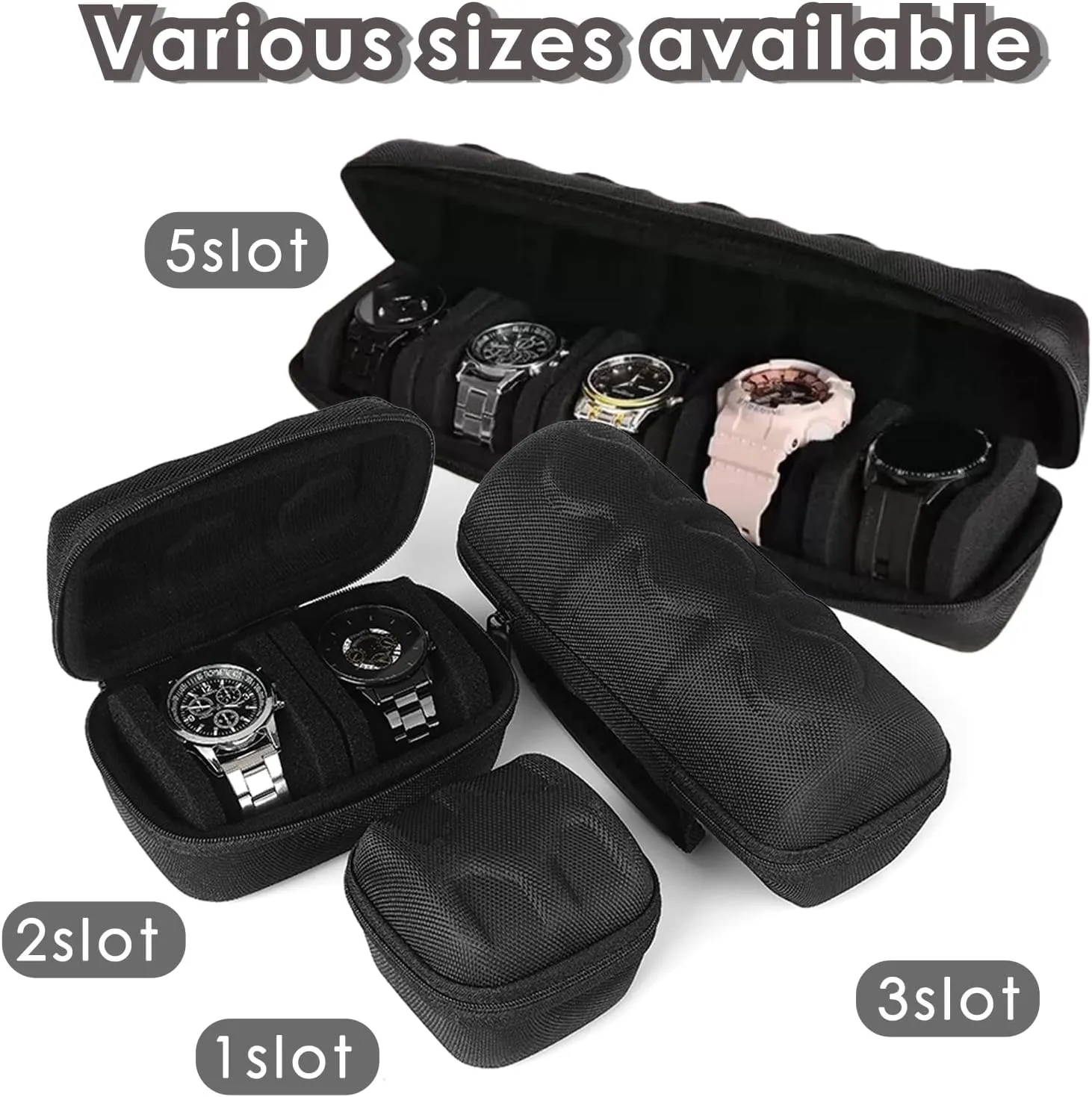 3 slots Hard Watch Travel Case,Portable Zipper Storage Box,Watch Box with Soft Fixed Anti Movement Watch Pillow Watch Roll for Men Women(Black, 3slots with handle)