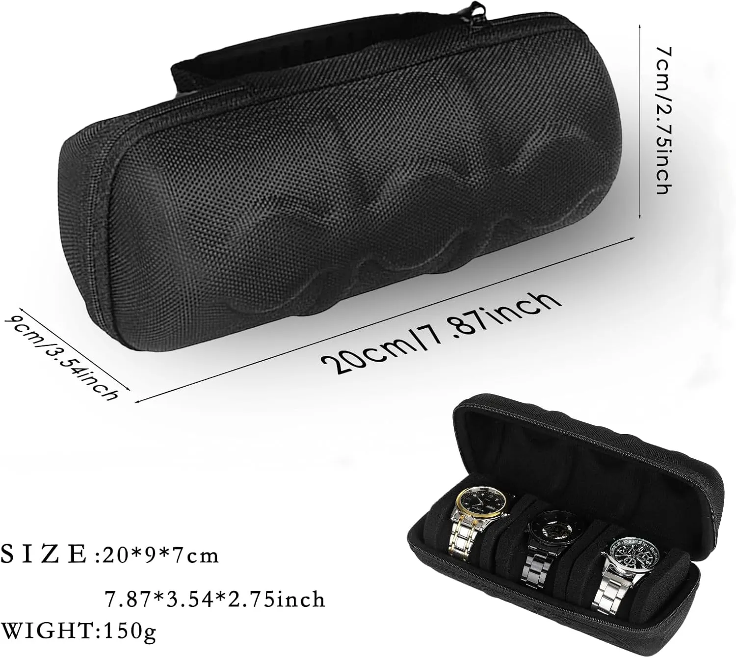3 slots Hard Watch Travel Case,Portable Zipper Storage Box,Watch Box with Soft Fixed Anti Movement Watch Pillow Watch Roll for Men Women(Black, 3slots with handle)