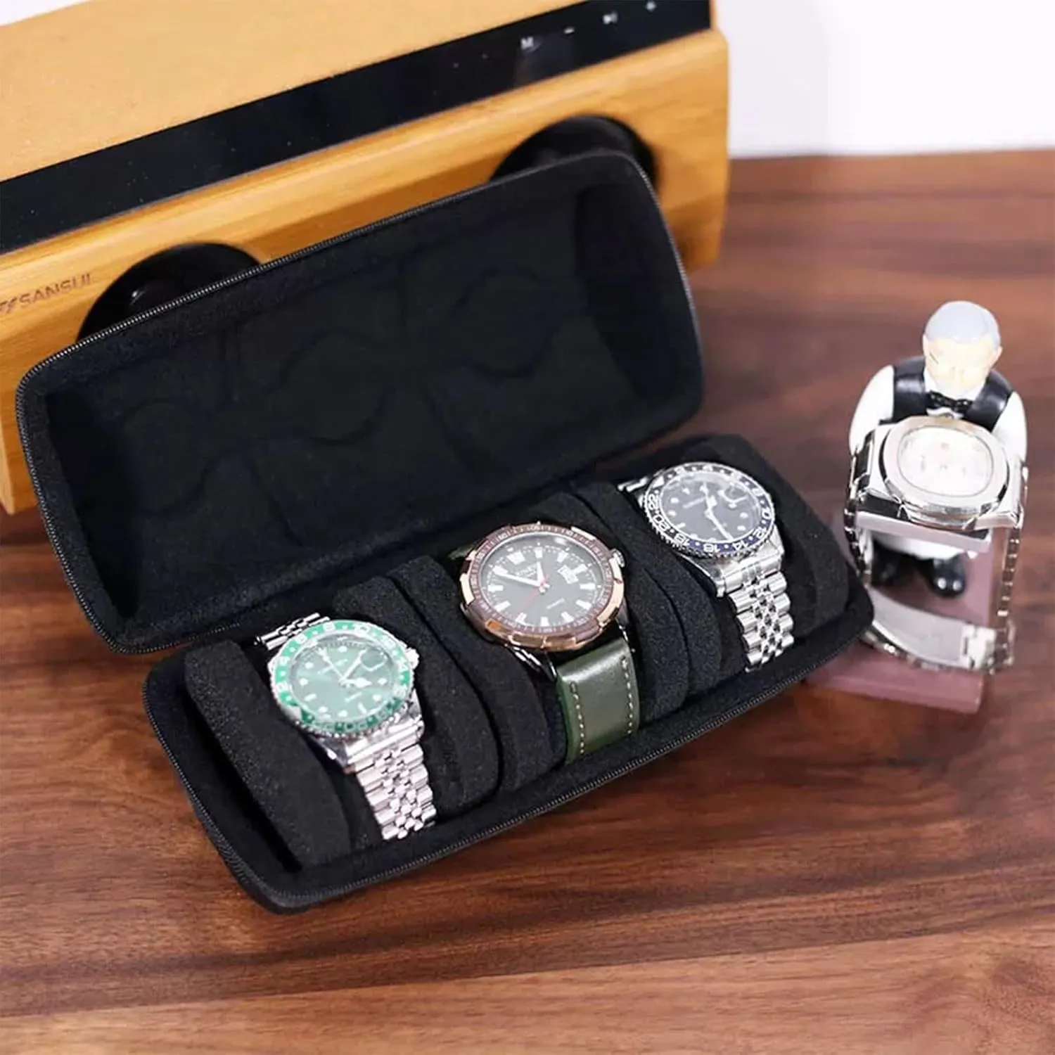3 slots Hard Watch Travel Case,Portable Zipper Storage Box,Watch Box with Soft Fixed Anti Movement Watch Pillow Watch Roll for Men Women(Black, 3slots with handle)