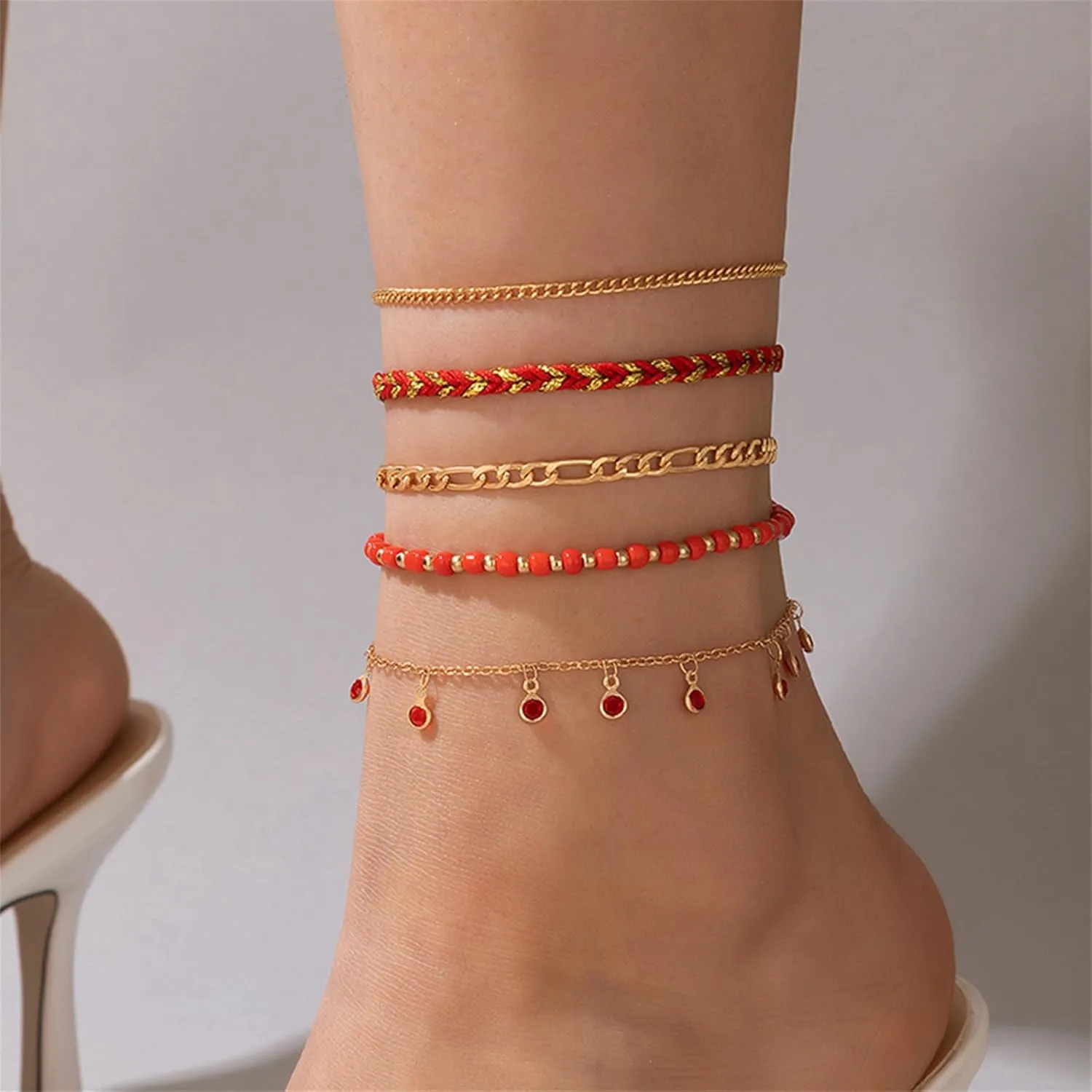 5Pcs Bohemain Layered Beaded Ankle Bracelets for Women,Dainty Stackable Seed Beads Ankle Bracelets Elastic Foot and Hand Chain Jewelry