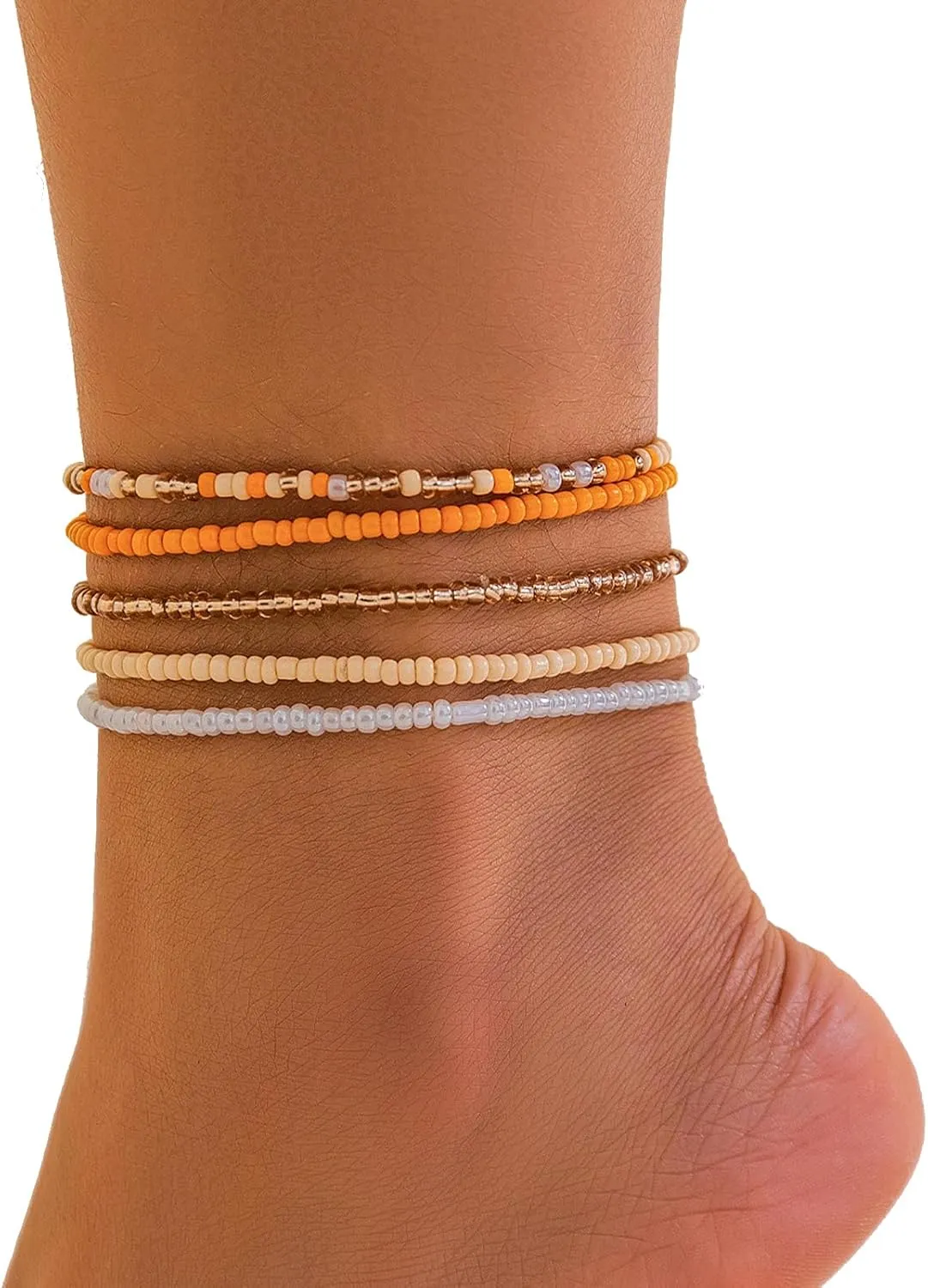 5Pcs Summer Beach Bead Anklet Bracelet,Multi-layered Pearl Anklets,Bikini Foot Chain Bracelet Wedding Bridal Adjustable Leg Bracelet Jewelry for Women Girls