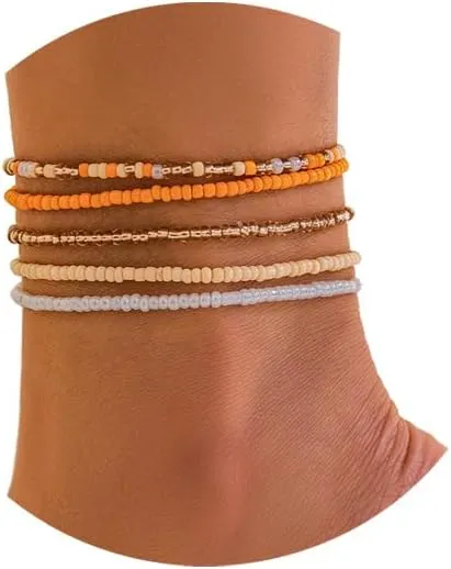 5Pcs Summer Beach Bead Anklet Bracelet,Multi-layered Pearl Anklets,Bikini Foot Chain Bracelet Wedding Bridal Adjustable Leg Bracelet Jewelry for Women Girls