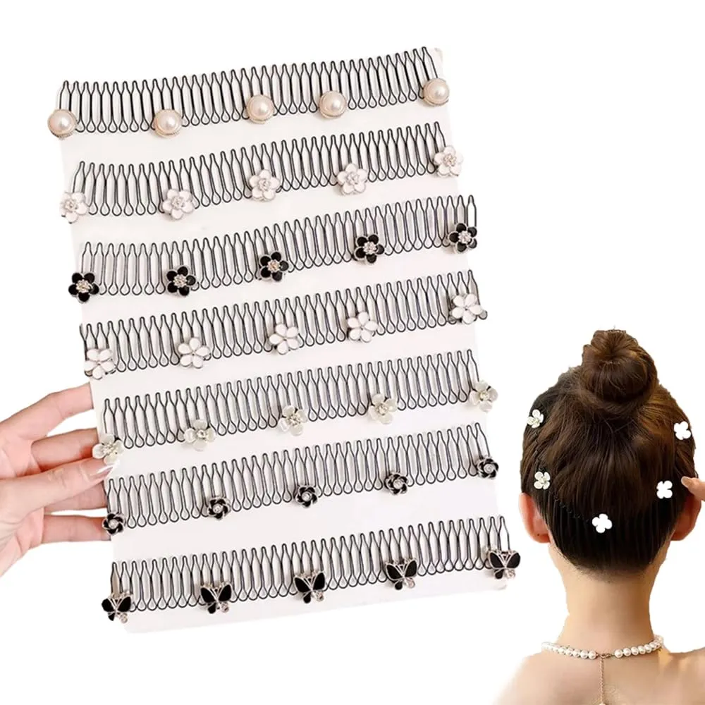 7Pcs Metal Pearl Hair Band Headband Stretch Comb,Back Of The Head Broken Hair Band Elastic Hair Clip Forehead Band,Women Hairpin Clip Invisible Bangs Fixed Insert Comb Tiara Headband (Style B)