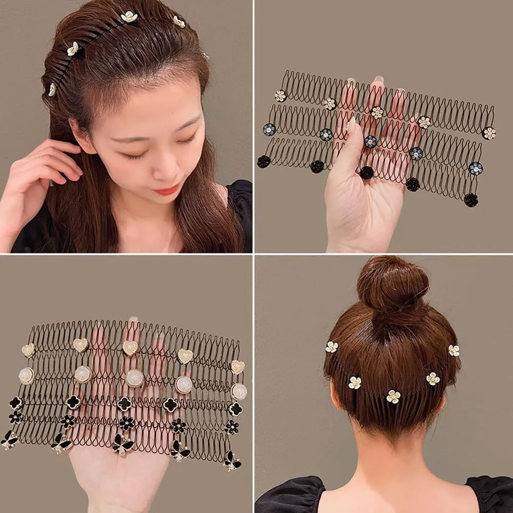7Pcs Metal Pearl Hair Band Headband Stretch Comb,Back Of The Head Broken Hair Band Elastic Hair Clip Forehead Band,Women Hairpin Clip Invisible Bangs Fixed Insert Comb Tiara Headband (Style B)