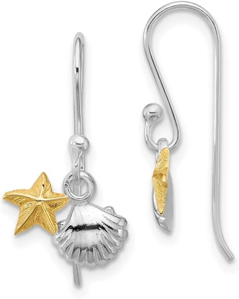 925 Sterling Silver Rhodium Plated Flash Gold Plated Starfish and Shell Long Drop Dangle Earrings 20.5x11.5mm Wide-Dangle Earring for Women