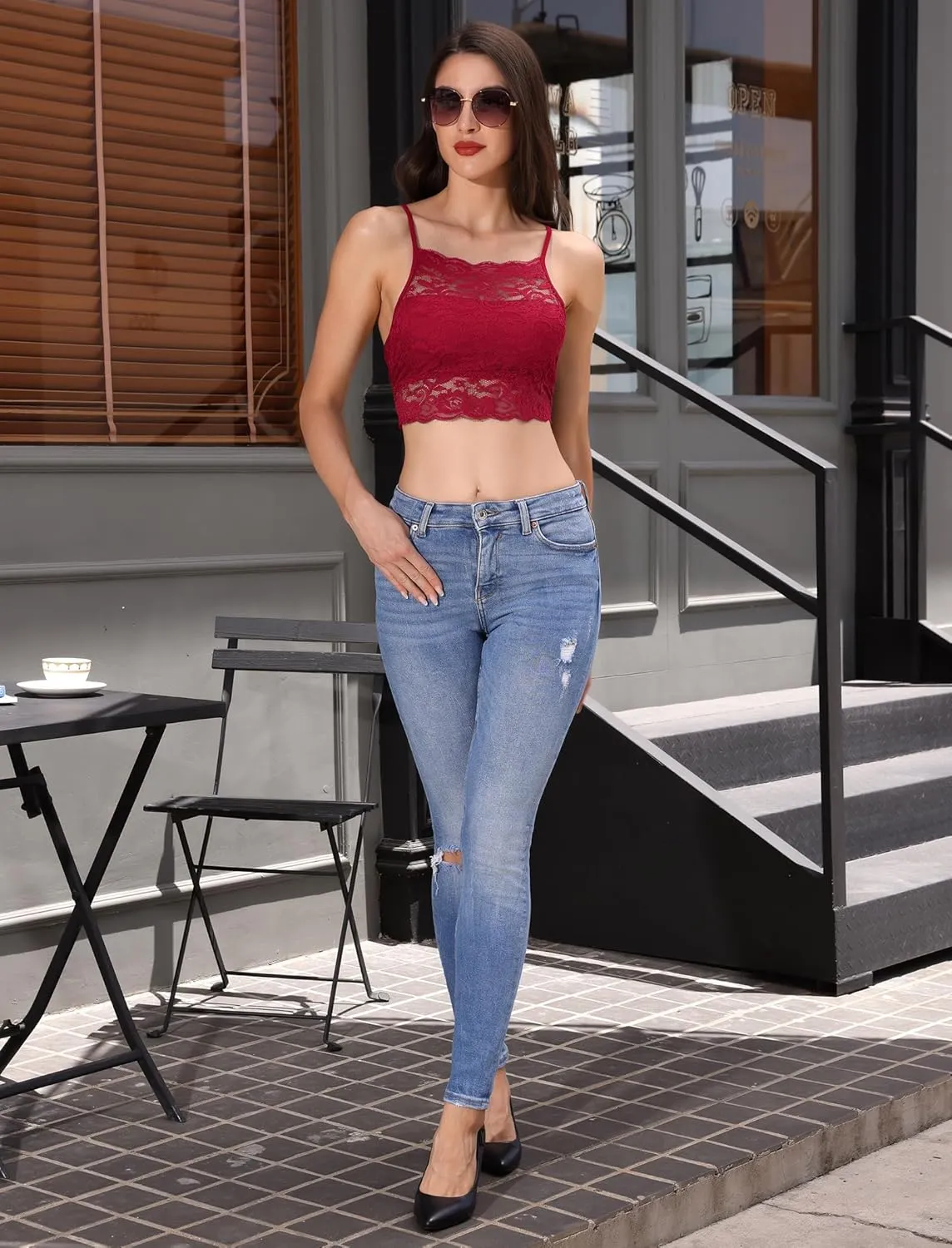 ABAFIP Women's Lace Cami Crop Top Spaghetti Strap Keyhole Cutout Back Sheer Camisole Tanks Going Out Tops