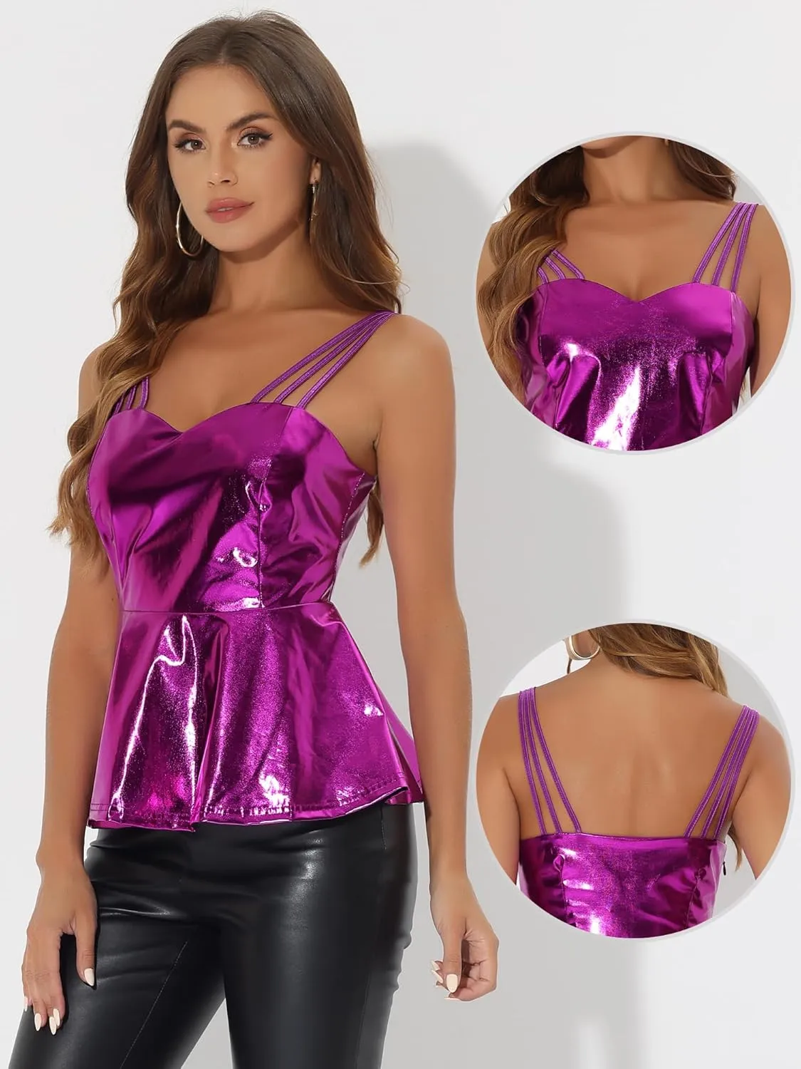 Allegra K Halloween Holographic Top for Women's Sleeveless Metallic Shiny Ruffled Peplum Tops