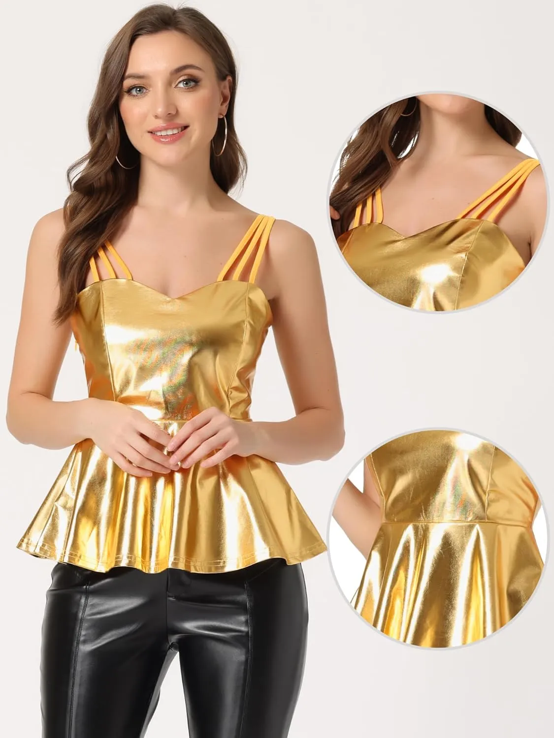 Allegra K Halloween Holographic Top for Women's Sleeveless Metallic Shiny Ruffled Peplum Tops