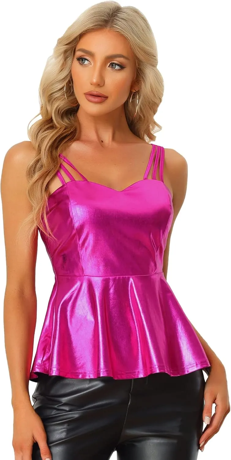 Allegra K Halloween Holographic Top for Women's Sleeveless Metallic Shiny Ruffled Peplum Tops