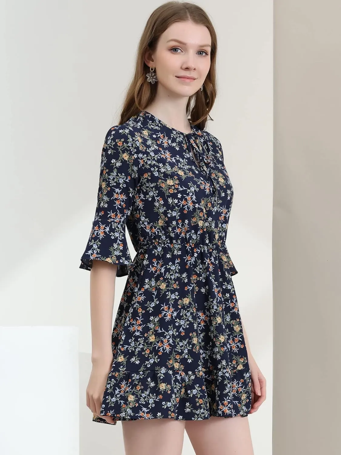 Allegra K Women's Floral Tie Keyhole Neck Bell Sleeves Ruffle Dress