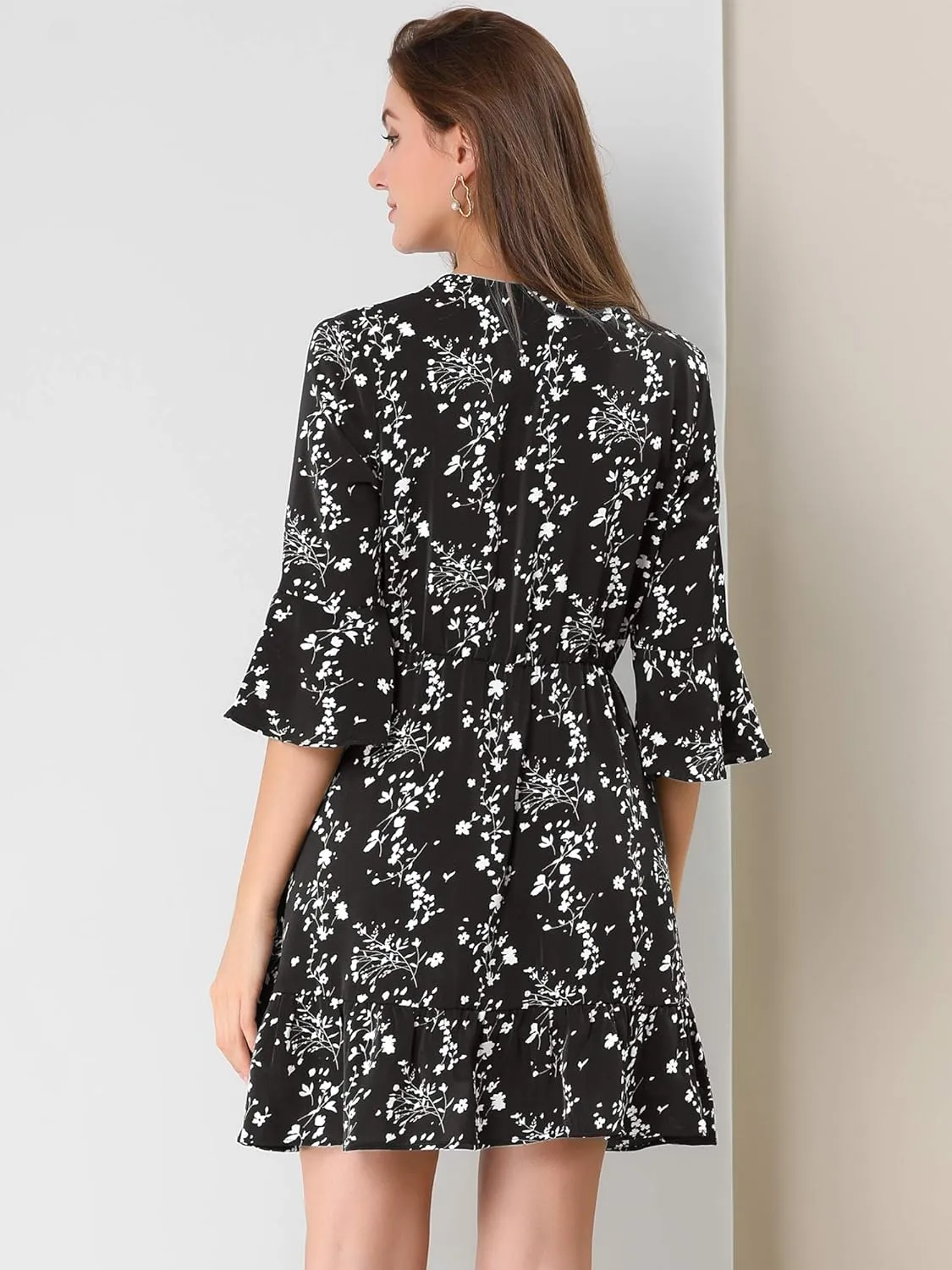 Allegra K Women's Floral Tie Keyhole Neck Bell Sleeves Ruffle Dress