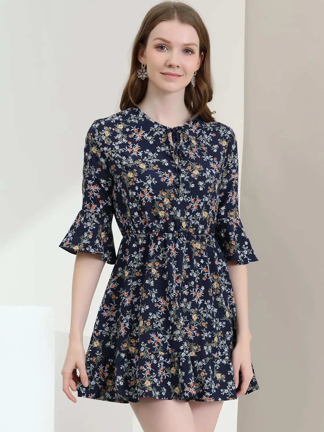 Allegra K Women's Floral Tie Keyhole Neck Bell Sleeves Ruffle Dress