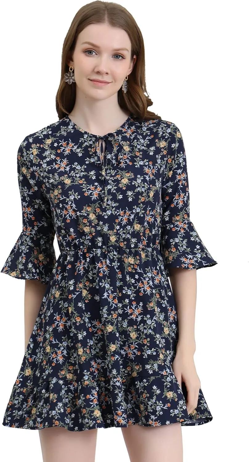 Allegra K Women's Floral Tie Keyhole Neck Bell Sleeves Ruffle Dress