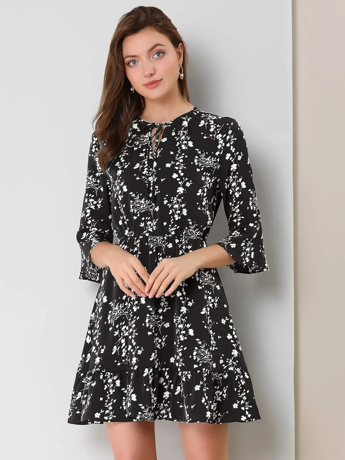 Allegra K Women's Floral Tie Keyhole Neck Bell Sleeves Ruffle Dress
