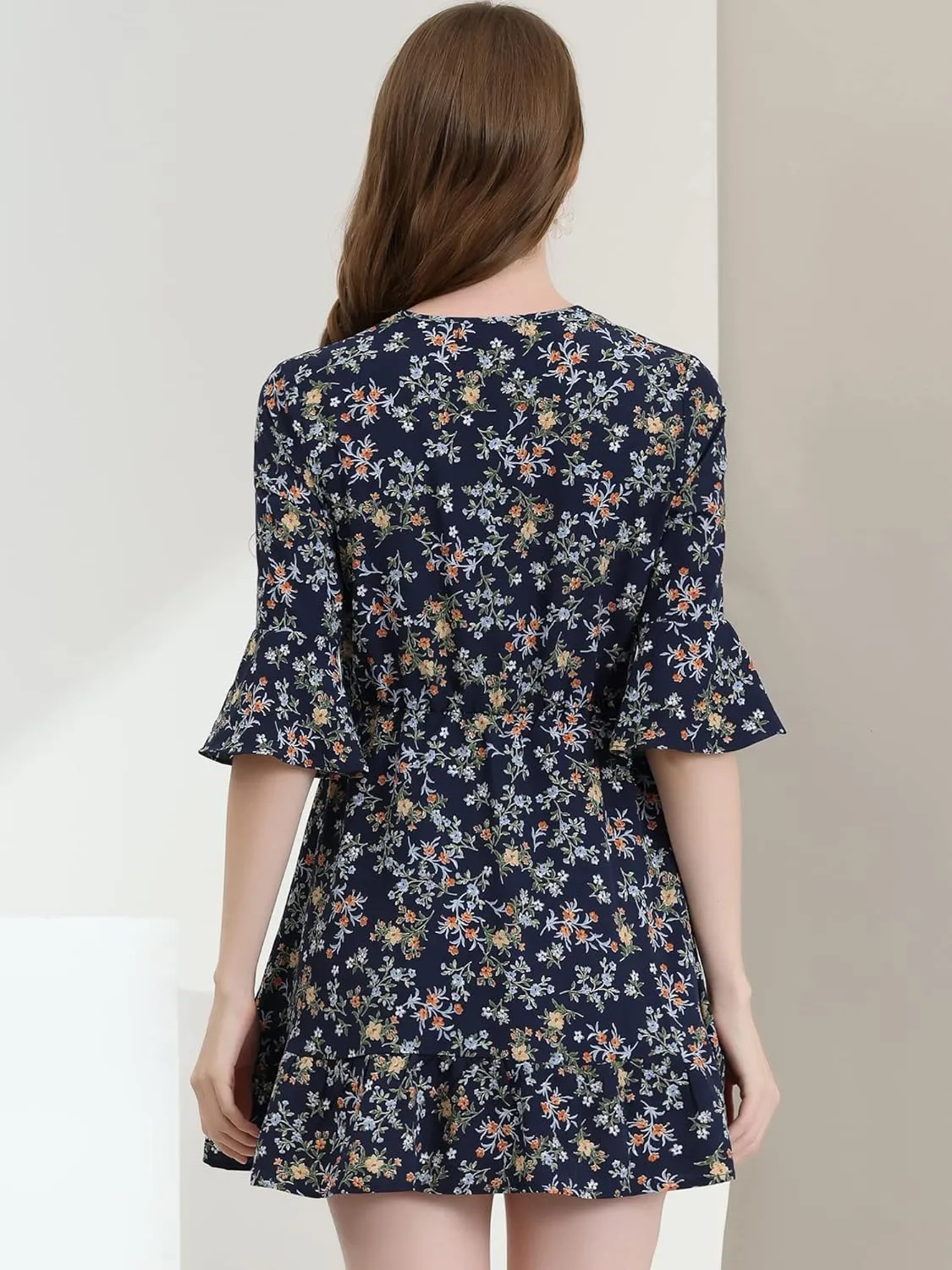 Allegra K Women's Floral Tie Keyhole Neck Bell Sleeves Ruffle Dress