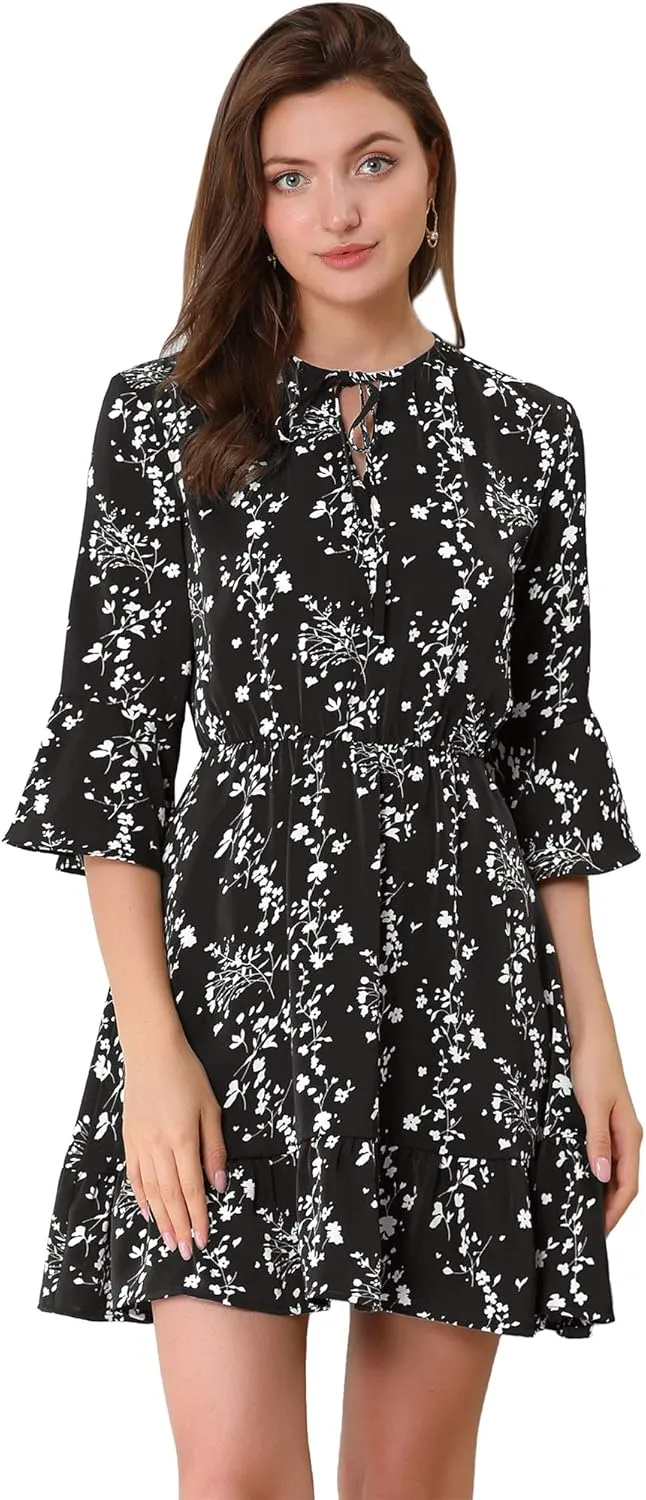 Allegra K Women's Floral Tie Keyhole Neck Bell Sleeves Ruffle Dress