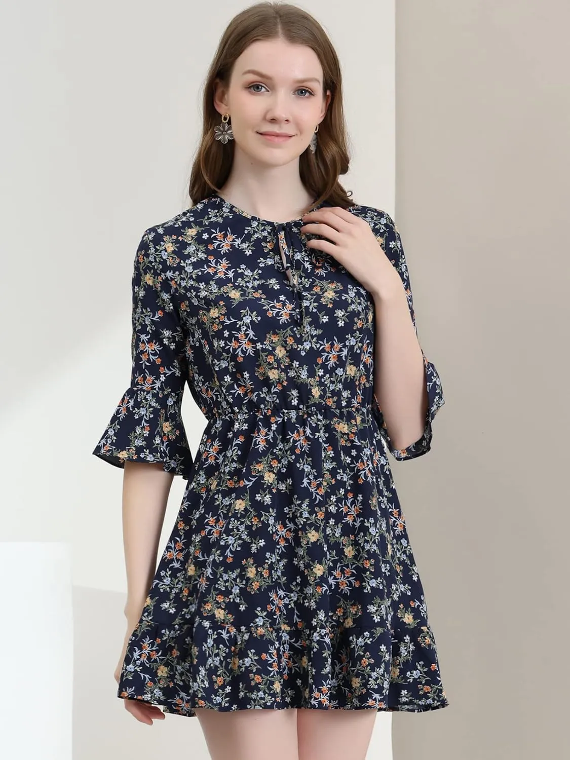 Allegra K Women's Floral Tie Keyhole Neck Bell Sleeves Ruffle Dress