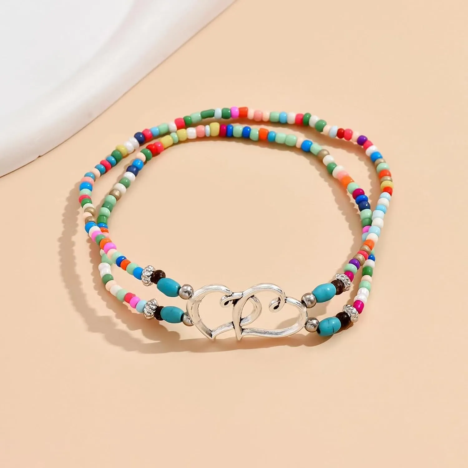 Ankle Bracelets for Women Elastic Beaded Anklets Double Hollow Hearts Stretch Ankle Bracelet Layered Beaded Anklet Dainty Boho Beach Anklets Cute Heart Foot Jewelry for Beach Party