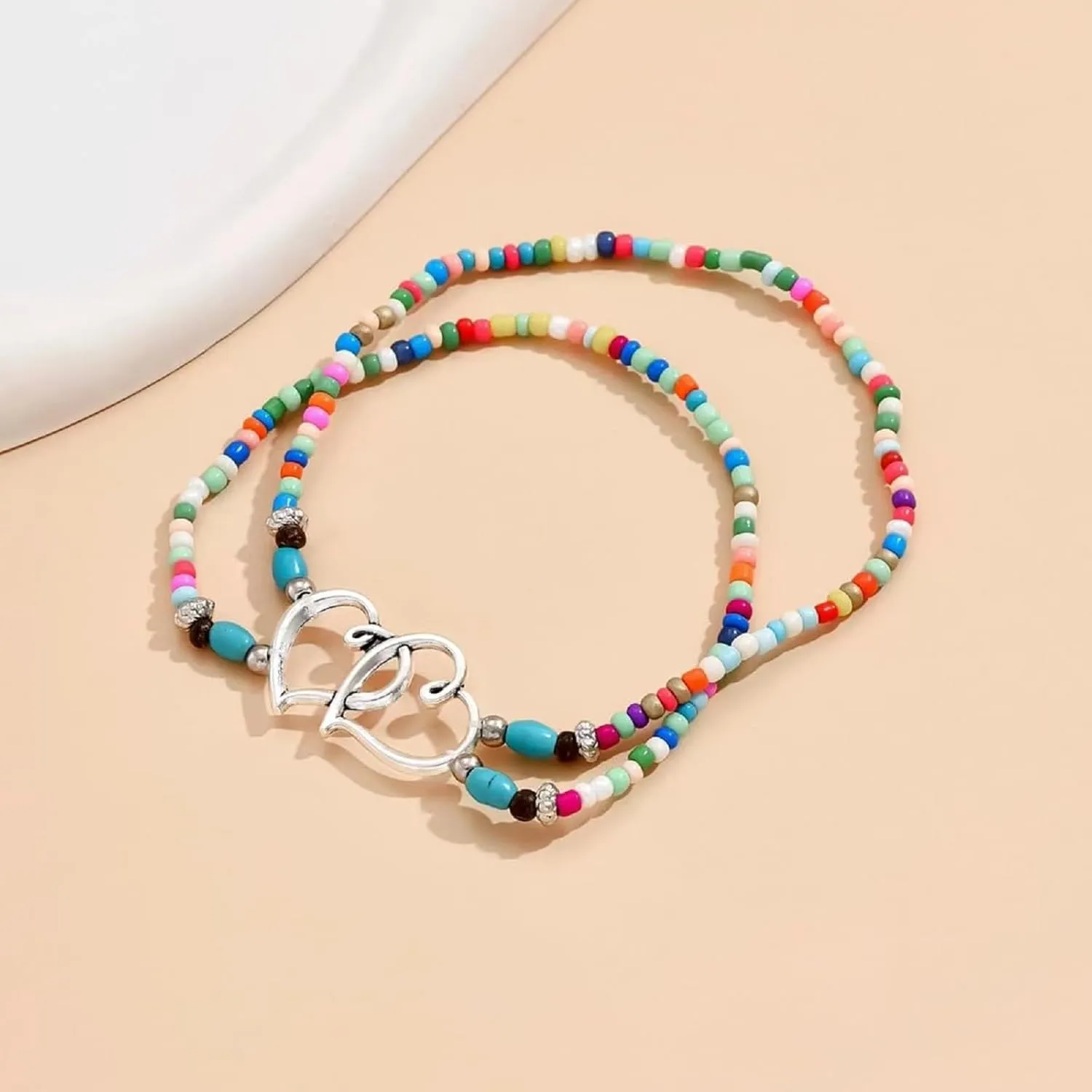 Ankle Bracelets for Women Elastic Beaded Anklets Double Hollow Hearts Stretch Ankle Bracelet Layered Beaded Anklet Dainty Boho Beach Anklets Cute Heart Foot Jewelry for Beach Party