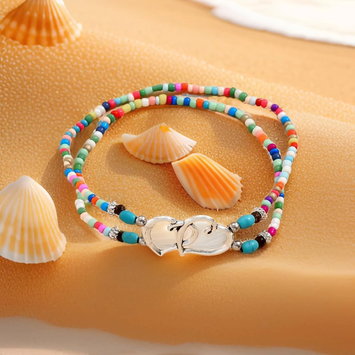 Ankle Bracelets for Women Elastic Beaded Anklets Double Hollow Hearts Stretch Ankle Bracelet Layered Beaded Anklet Dainty Boho Beach Anklets Cute Heart Foot Jewelry for Beach Party