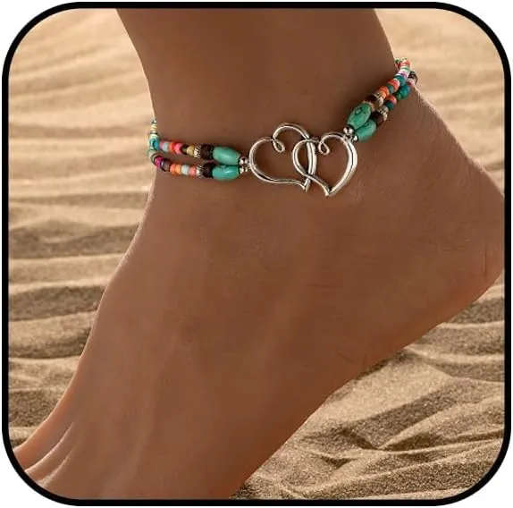 Ankle Bracelets for Women Elastic Beaded Anklets Double Hollow Hearts Stretch Ankle Bracelet Layered Beaded Anklet Dainty Boho Beach Anklets Cute Heart Foot Jewelry for Beach Party