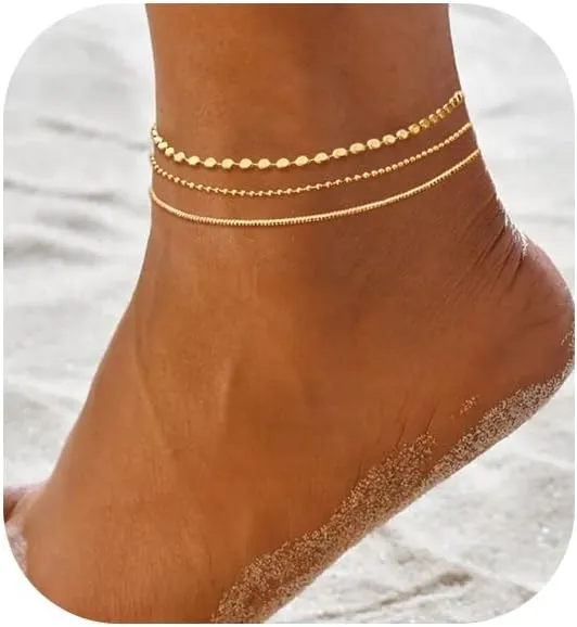 Ankle Bracelets for Women, Waterproof Gold Anklets 14k Gold Plated Layered Beaded Pearl Cuban Link Chain Anklet Set Summer Ankle Bracelet Beach Gold jewelry for Women Large Ankle Gifts