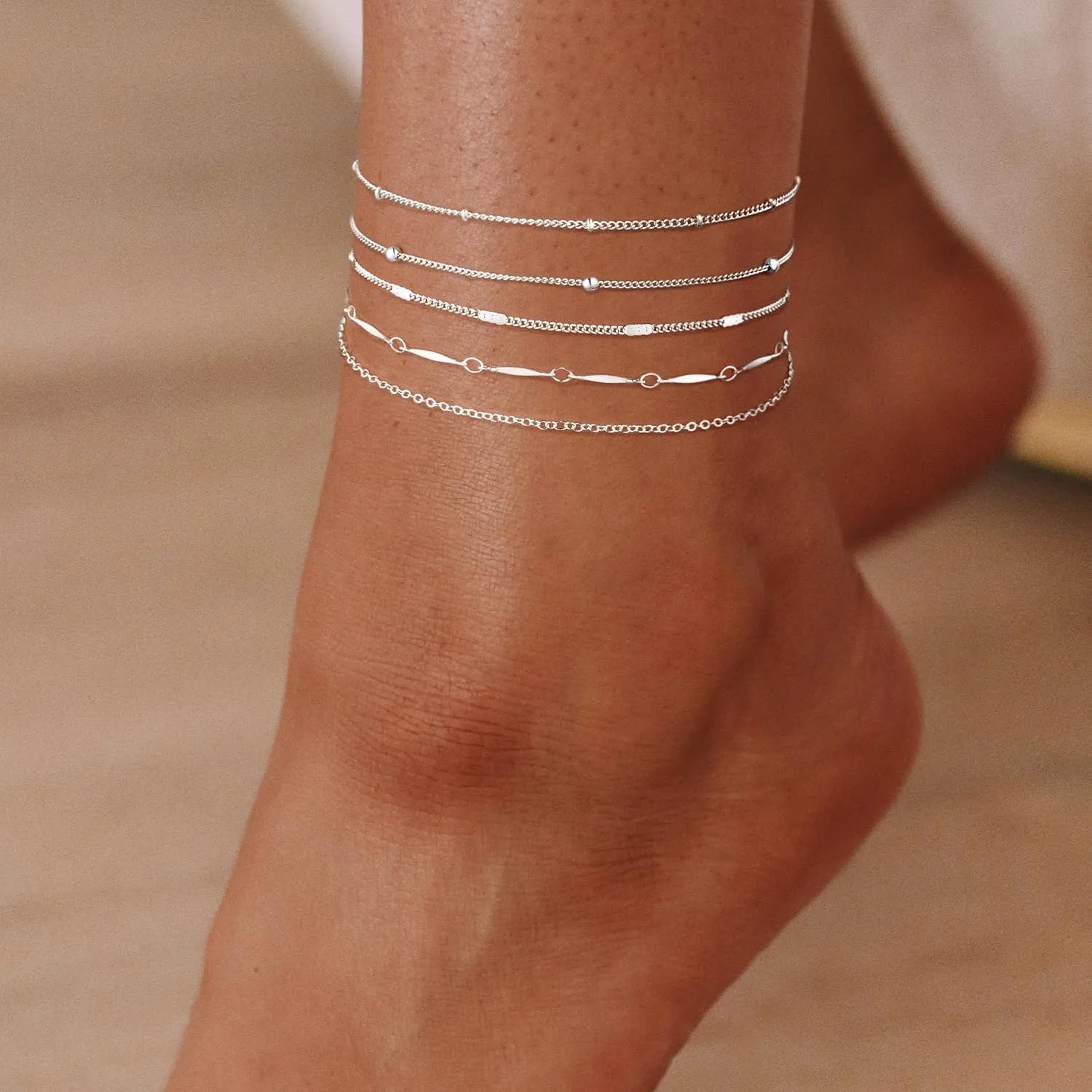 Anklets for Women,Waterproof 14K Gold/Sterling Silver Plated Ankle Bracelets for Women Layered Cuban Herringbone Chain Anklet Bracelet Set Beach Jewelry