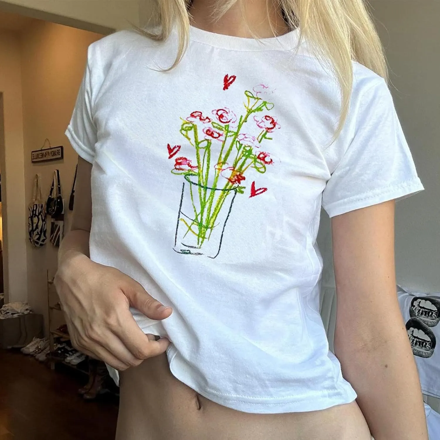 Baby Tees Y2k Women Teen Girls Graphic Short Sleeve Crop Tops Vintage Aesthetic Cute Fruit Floral Cropped T Shirts