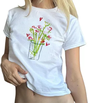 Baby Tees Y2k Women Teen Girls Graphic Short Sleeve Crop Tops Vintage Aesthetic Cute Fruit Floral Cropped T Shirts