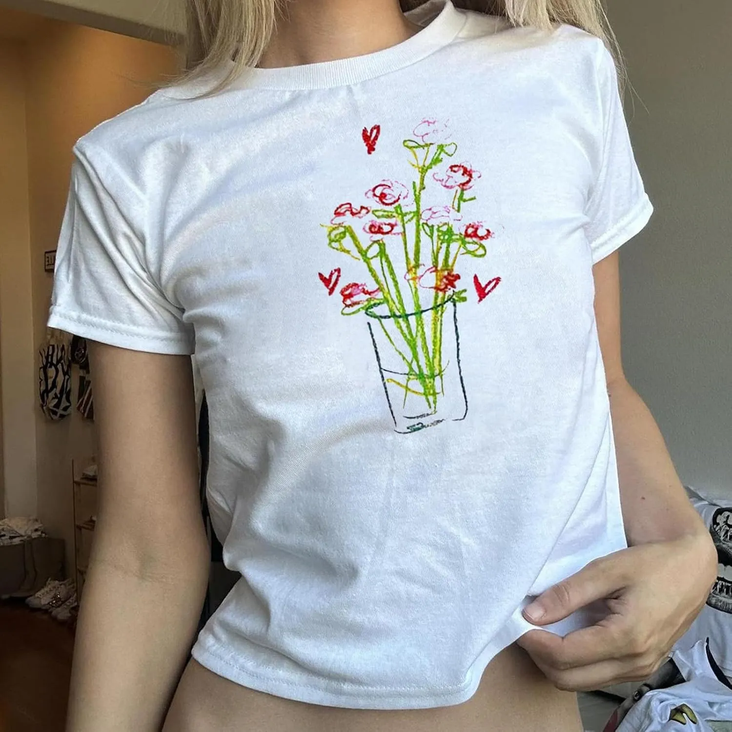 Baby Tees Y2k Women Teen Girls Graphic Short Sleeve Crop Tops Vintage Aesthetic Cute Fruit Floral Cropped T Shirts