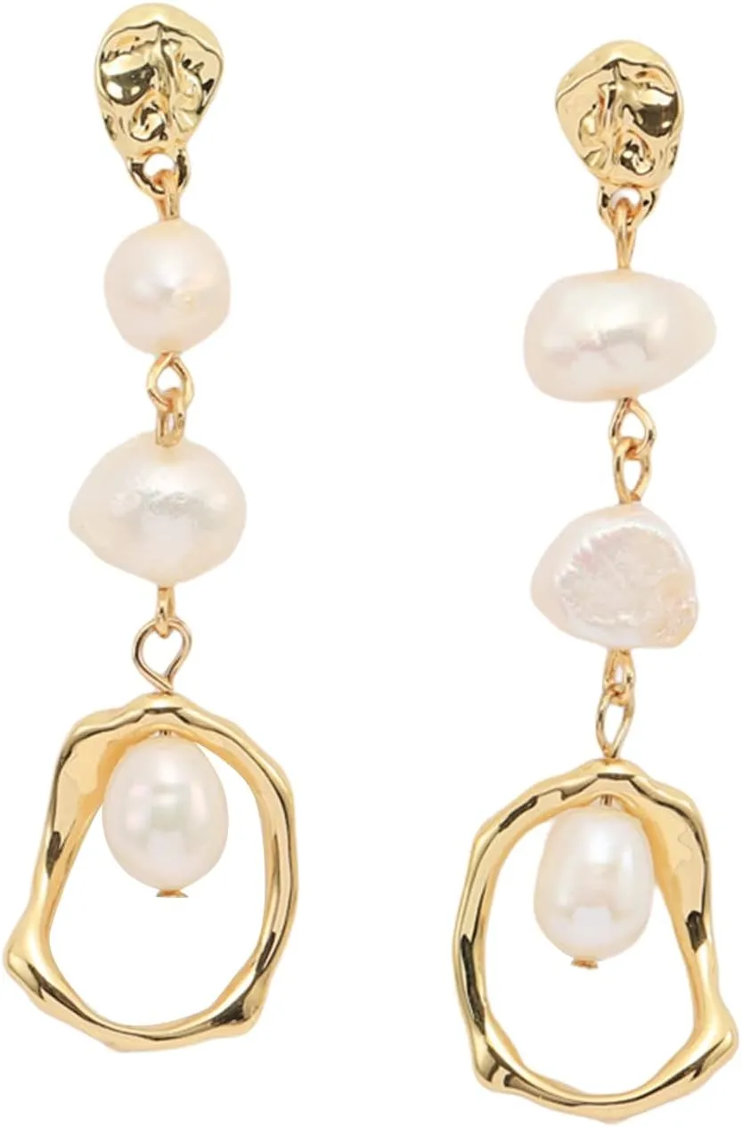 Baroque Long Pearl Earrings for Women 14K Gold Plated Irregular Geometric Pearl Dangle Earrings Pearl Tassel Earrings Sterling Silver Post Long Pearl Drop Earrings Dainty Earrings Wedding Party Prom Birthday Jewelry Gift
