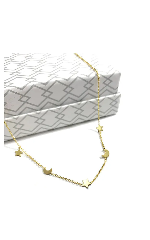 BJNA037GD Gold "Twinkles" Three Star & Two Crescent Moon Necklace