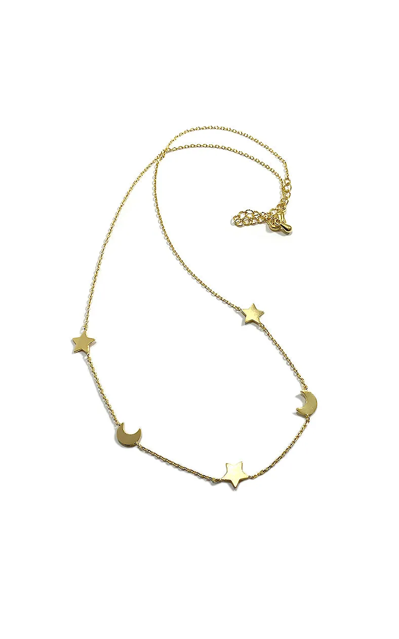 BJNA037GD Gold "Twinkles" Three Star & Two Crescent Moon Necklace