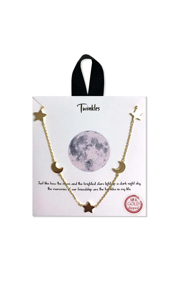 BJNA037GD Gold "Twinkles" Three Star & Two Crescent Moon Necklace