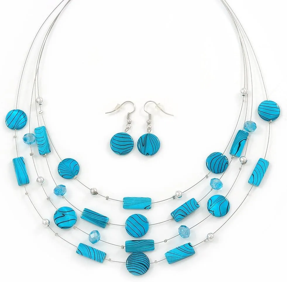 Blue Stripy Shell And Crystal Bead Multi-Strand Necklace And Drop Earrings In Silver Tone - 50cm L/ 4cm Ext