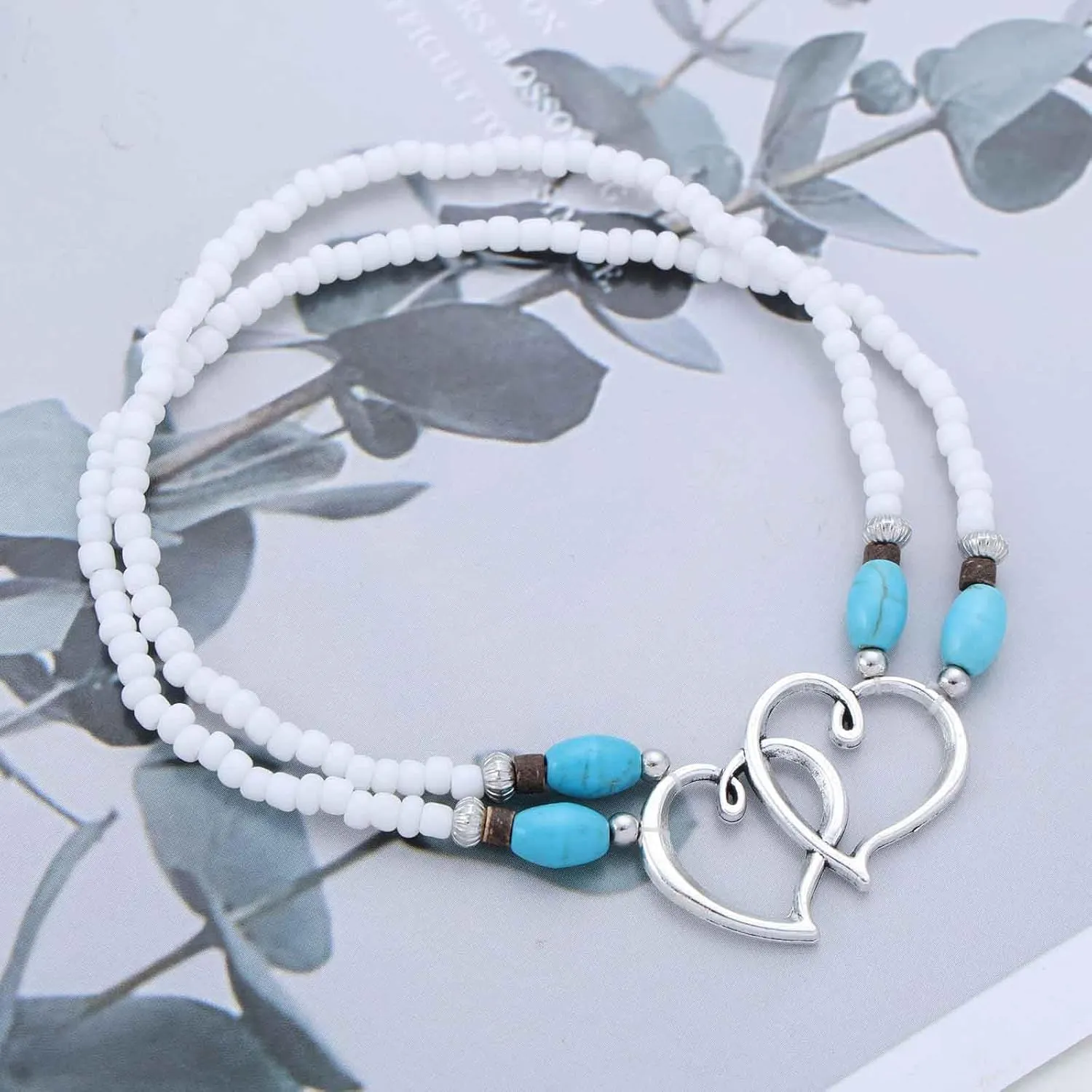 Bohemian Double Heart Ankle Bracelet Layered Turquoise Anklet Bracelets White Rice Bead Chain Anklet Hollow Love Heart Anklets Foot Chain Summer Beach Jewelry for Women