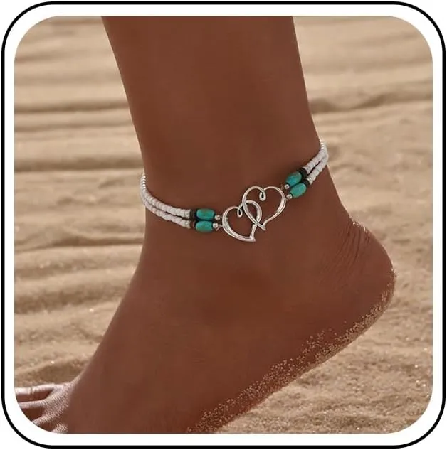 Bohemian Double Heart Ankle Bracelet Layered Turquoise Anklet Bracelets White Rice Bead Chain Anklet Hollow Love Heart Anklets Foot Chain Summer Beach Jewelry for Women