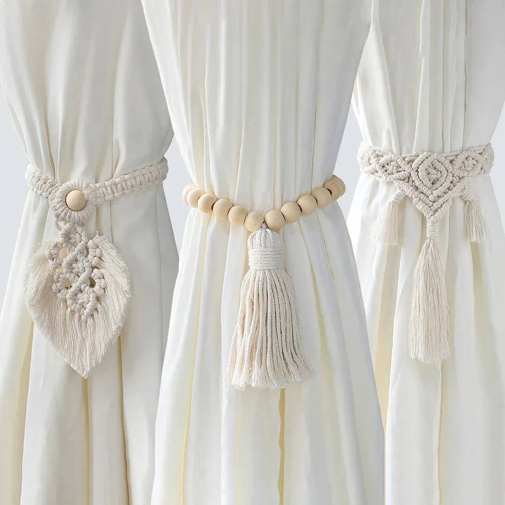 Boho Fringe Macrame Curtain Tiebacks with Bead Decor