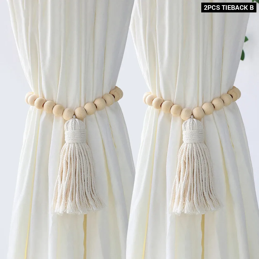 Boho Fringe Macrame Curtain Tiebacks with Bead Decor