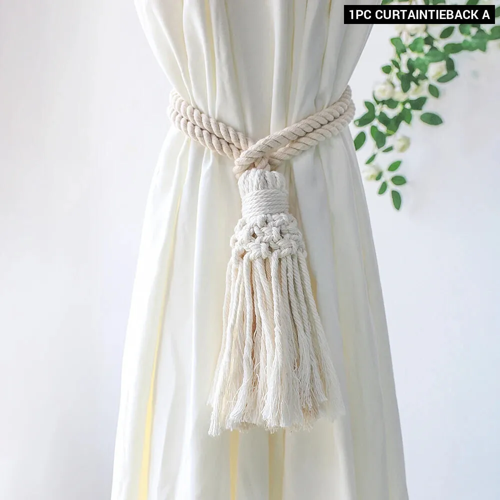 Boho Fringe Macrame Curtain Tiebacks with Bead Decor