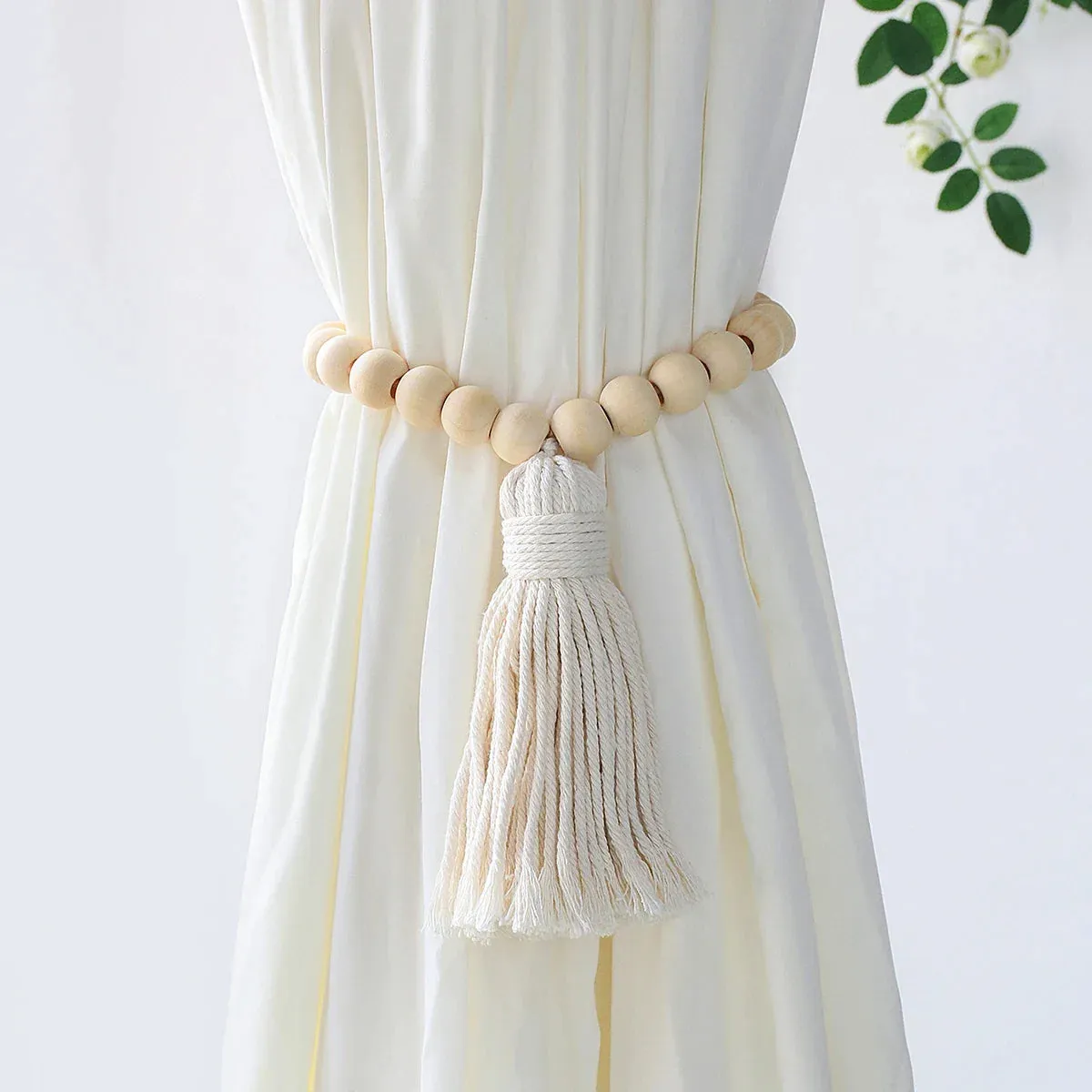 Boho Fringe Macrame Curtain Tiebacks with Bead Decor