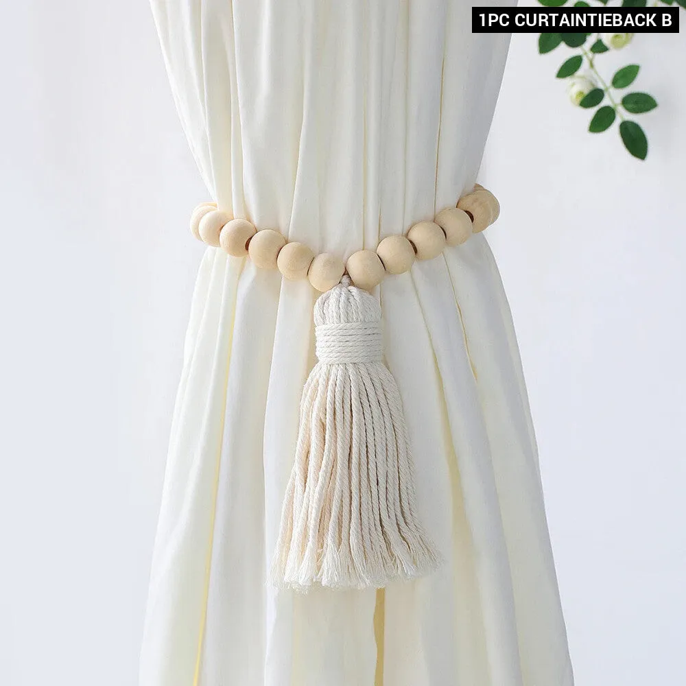 Boho Fringe Macrame Curtain Tiebacks with Bead Decor